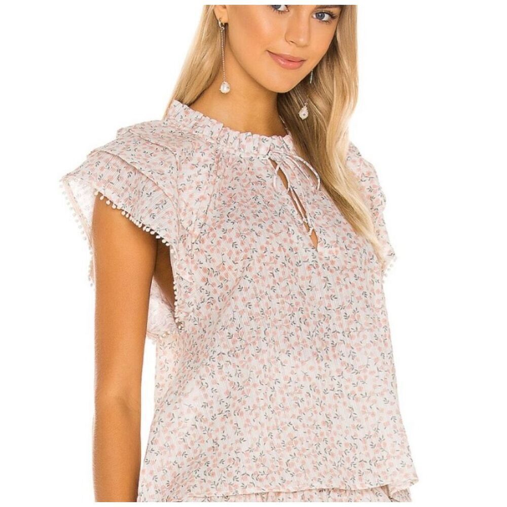 Cleobella Womens Floral Ruffle Neck Flutter Sleeve Cotton Blouse Pink Large NWT